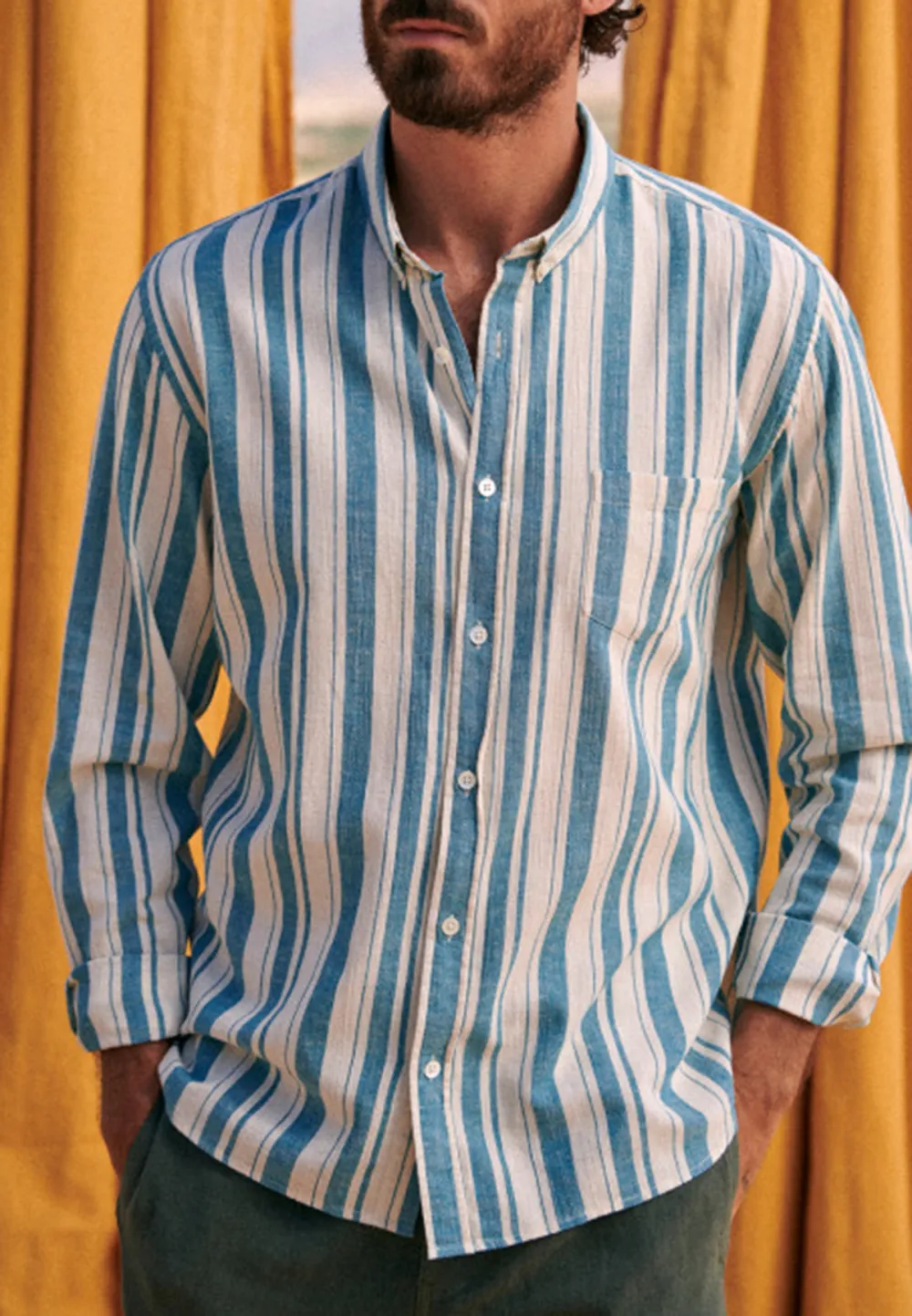 Cotton Linen  Shirt-Ecru Turquoise Stripes