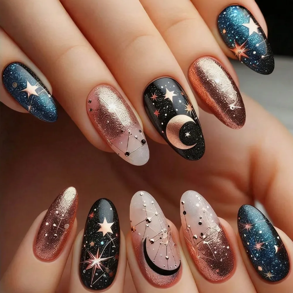 Nailhour 24pcs Medium Almond-Shaped Cosmic Starry Sky Gilded Press-On Nails