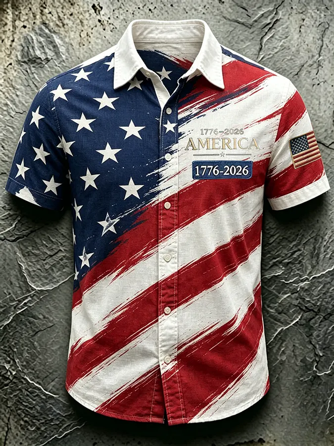 Men'S Casual American 250Th Anniversary Personalized Printed Lapel Shirt
