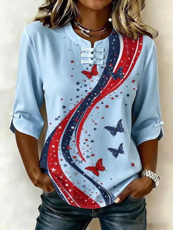 Women's Retro Flag Print Cotton Linen Top
