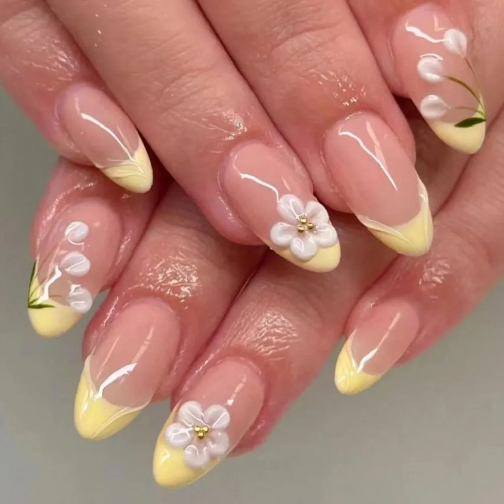 Nailhour 30Pcs Yellow Floral Medium Almond Press On Nails