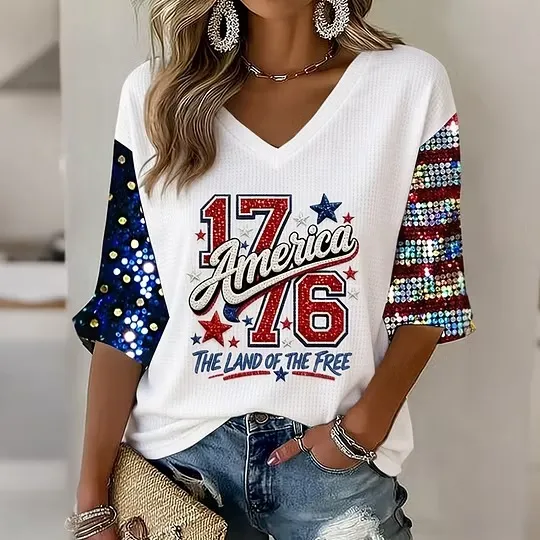 Ladies' Casual American Independence Day 1776 Personalized Printed V-Neck Mid Sleeve Top