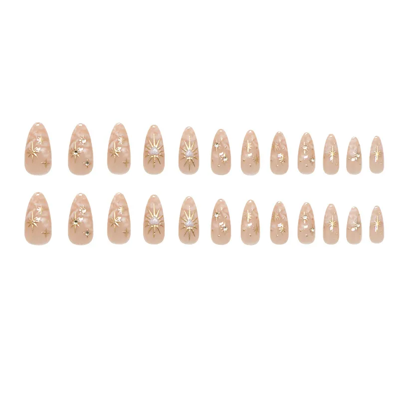 Nailhour Nude Gold Star 24Pcs 3D Handmade Press On Nails