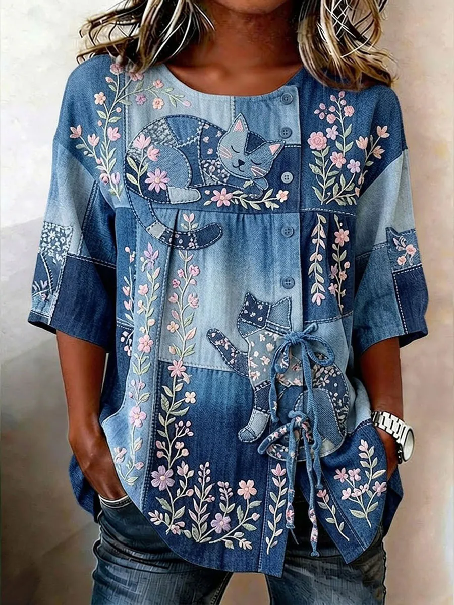 Women's Denim Cat Portrait Patchwork Art Print Casual Top