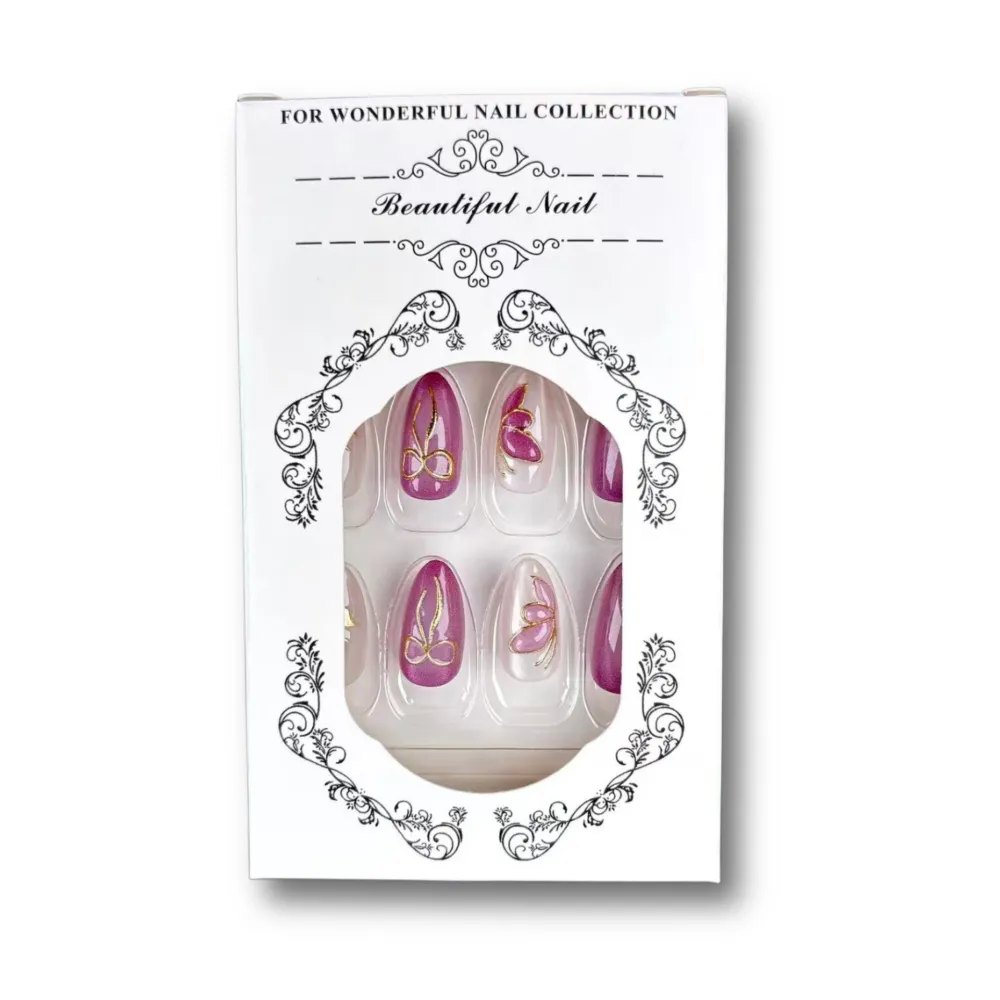 Nailhour 30Pcs Purple Cat Eye Floral  Medium Almond Press On Nails