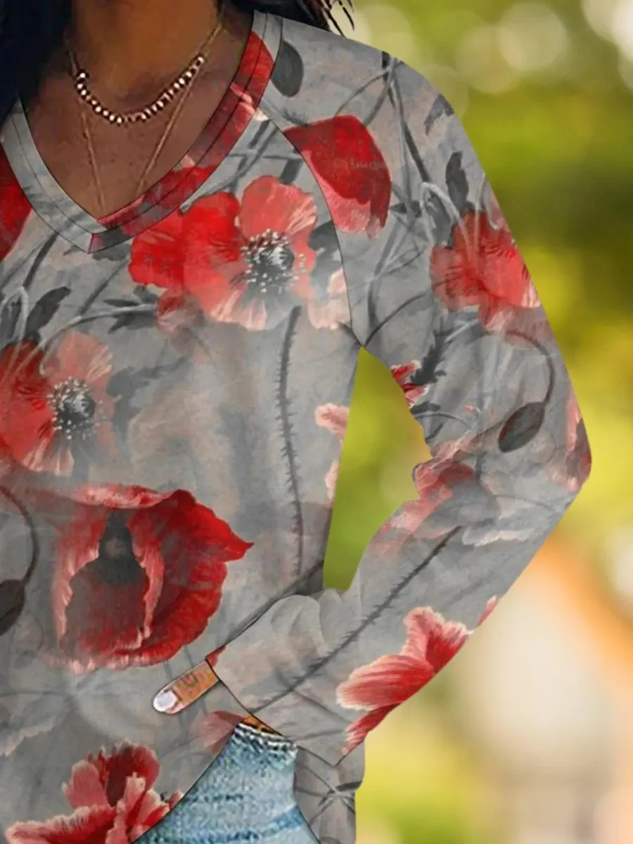 Artistic Floral V-Neck T-Shirt