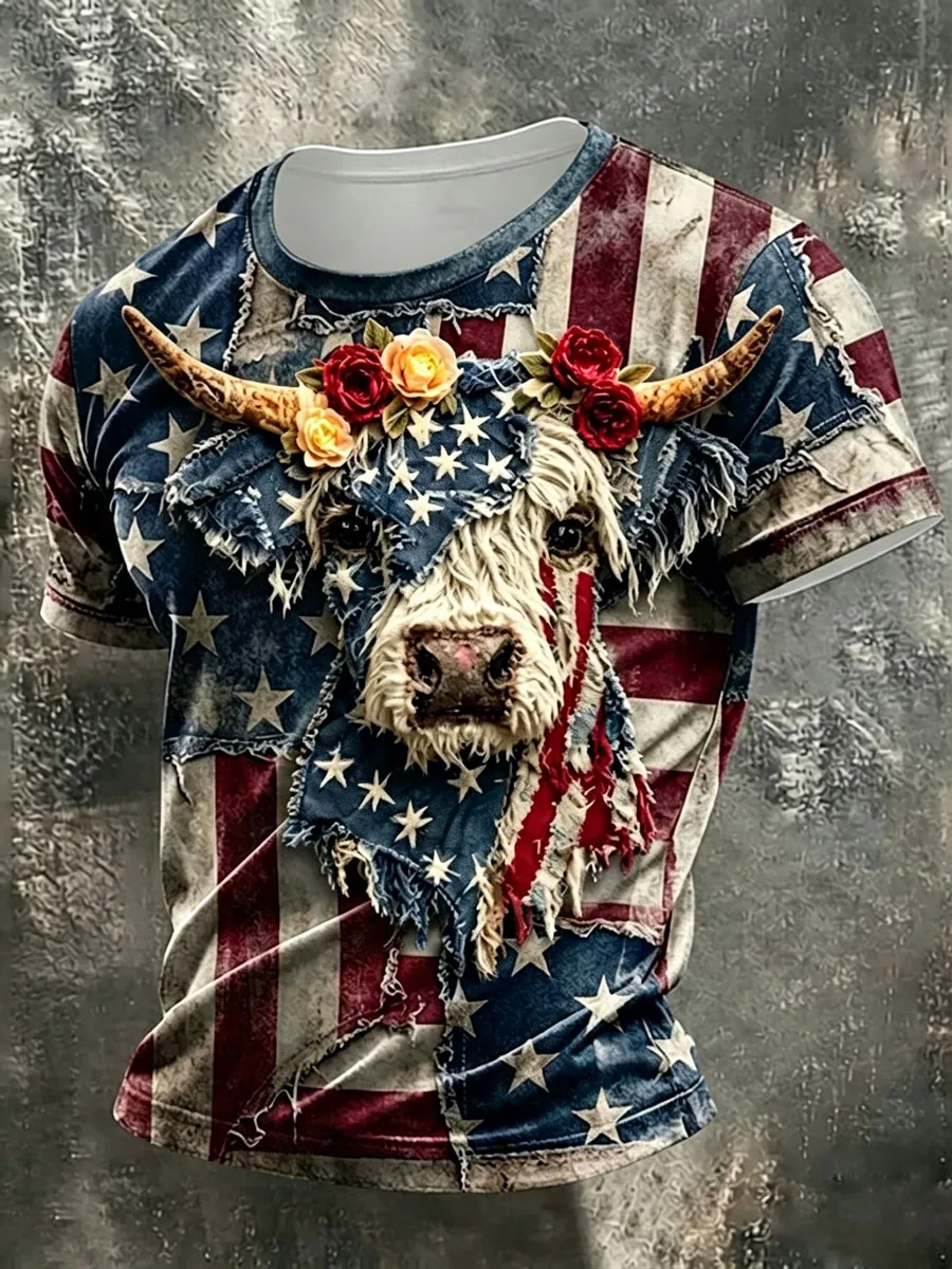 Men'S  Independence Day Animal Embroidery Print T-Shirt