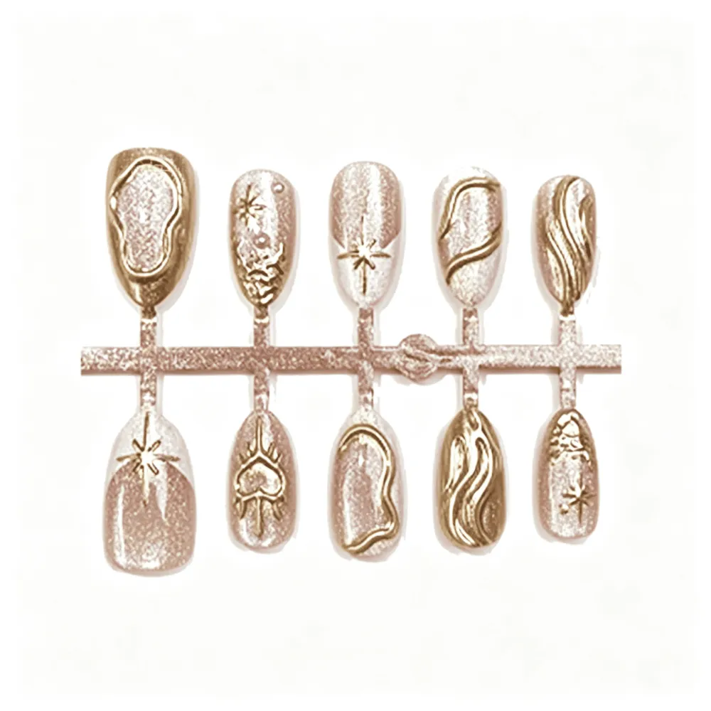 Nailhour 30Pcs Glitter 3D Medium Almond Gilded Press On Nails