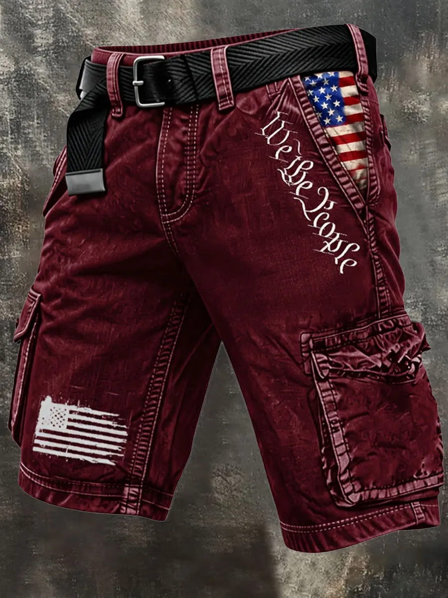 Patriot Retro Outdoor Functional Washed Distressed Denim Shorts
