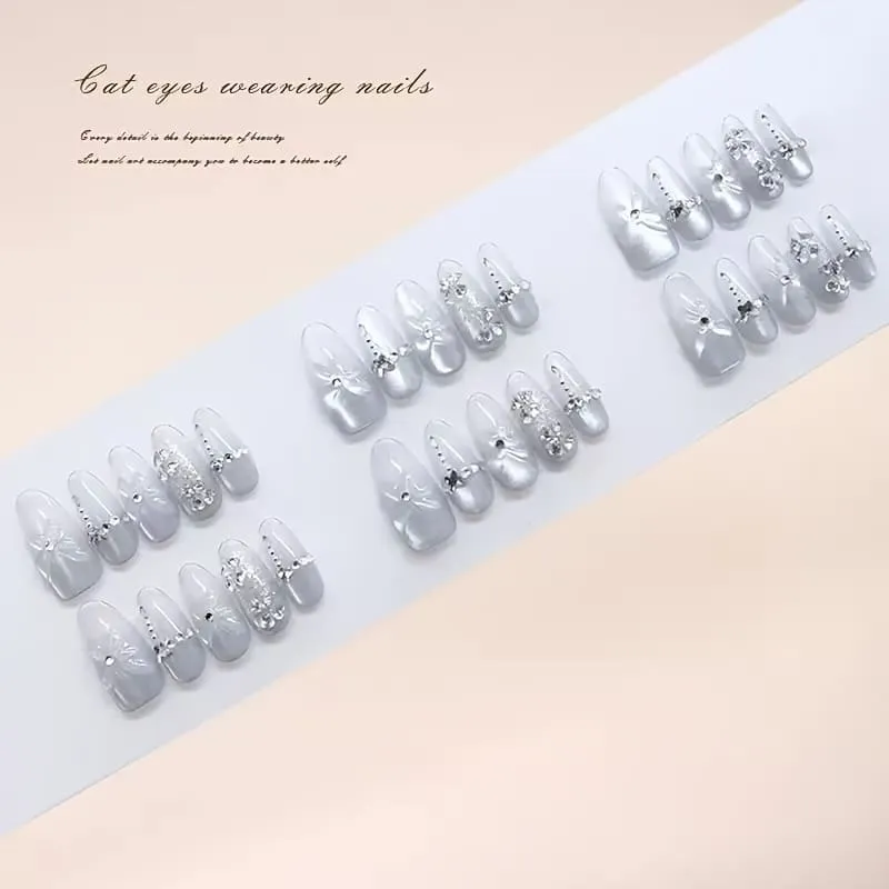 Nailhour 10Pcs French Blue Gradient  Rhinestone Medium Almond Press On Nails