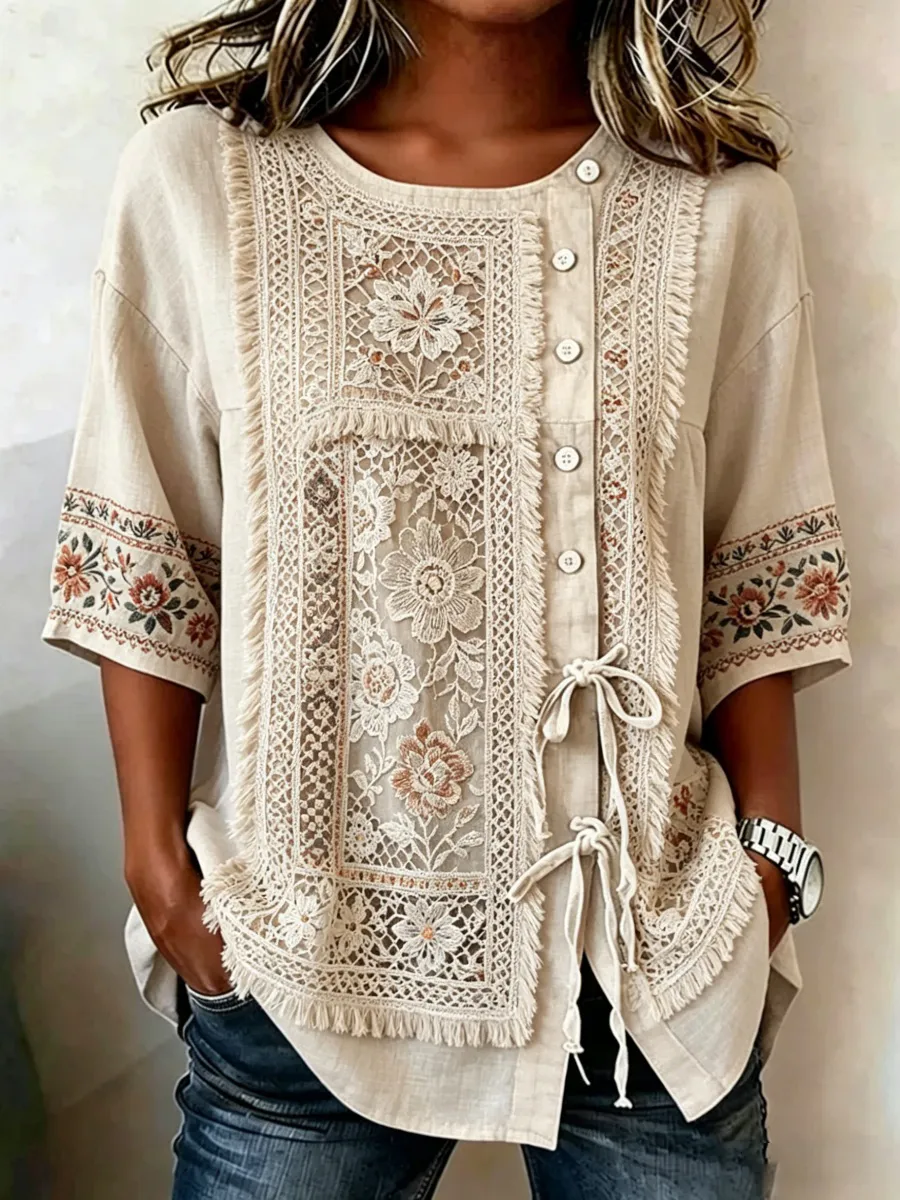 Vintage Fringed Floral Embroidery Design Women's Linen Shirt