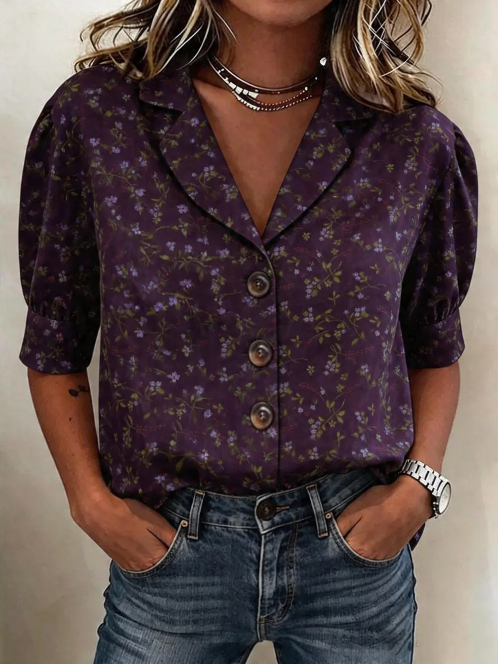 Women'S Floral Print Collared Cotton-Linen Shirt