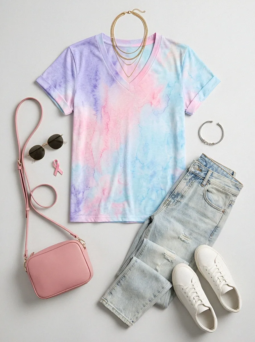 Women's Breast Cancer Awareness Watercolor Tie-Dye Printed V-Neck T-shirt