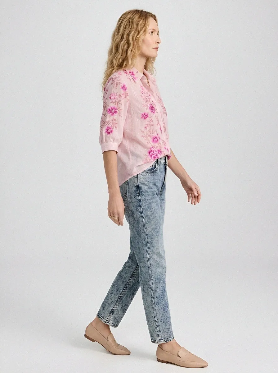 Women's Breast Cancer Awareness Pink Floral Embroidered Printed Shirt