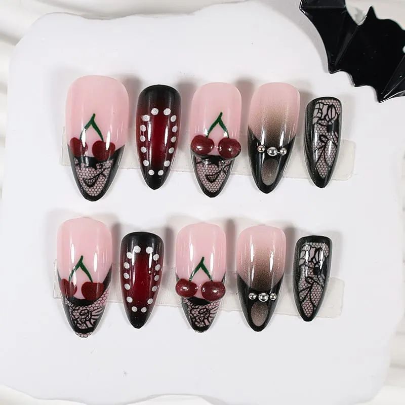 Nailhour 24Pcs Black & Red Gradient 3D Medium Almond French Press On Nails