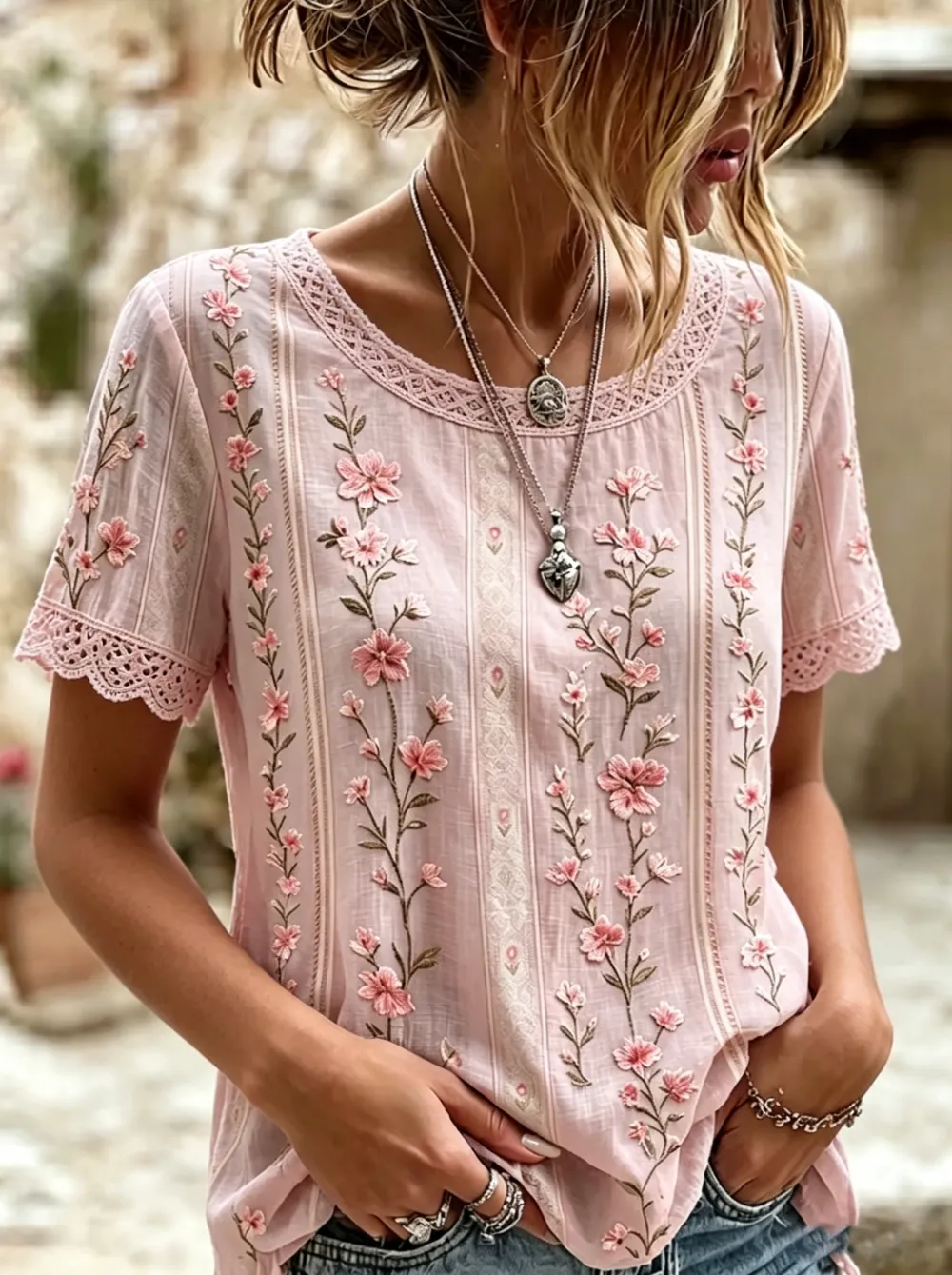 Women'S Casual Cotton Linen Flower Personality Printing Round Neck Short Sleeve T-Shirt