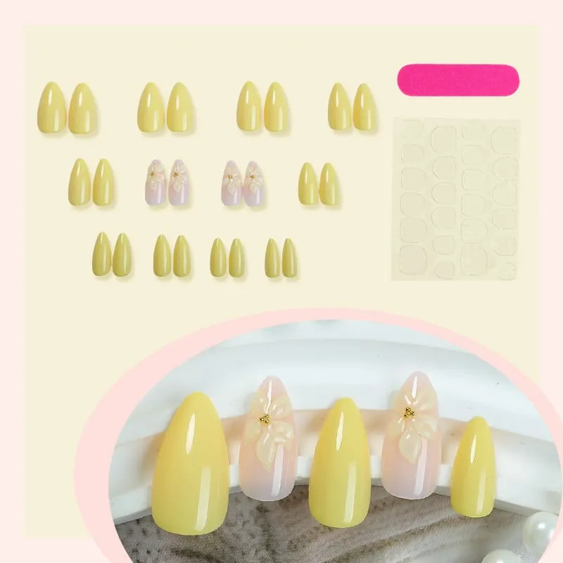 Nailhour 24Pcs Yellow 3D Medium Almond French Floral Press On Nails
