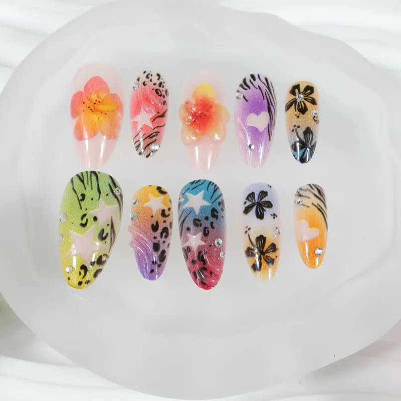Nailhour 24Pcs Beach Floral 3D Medium Almond French Press On Nails