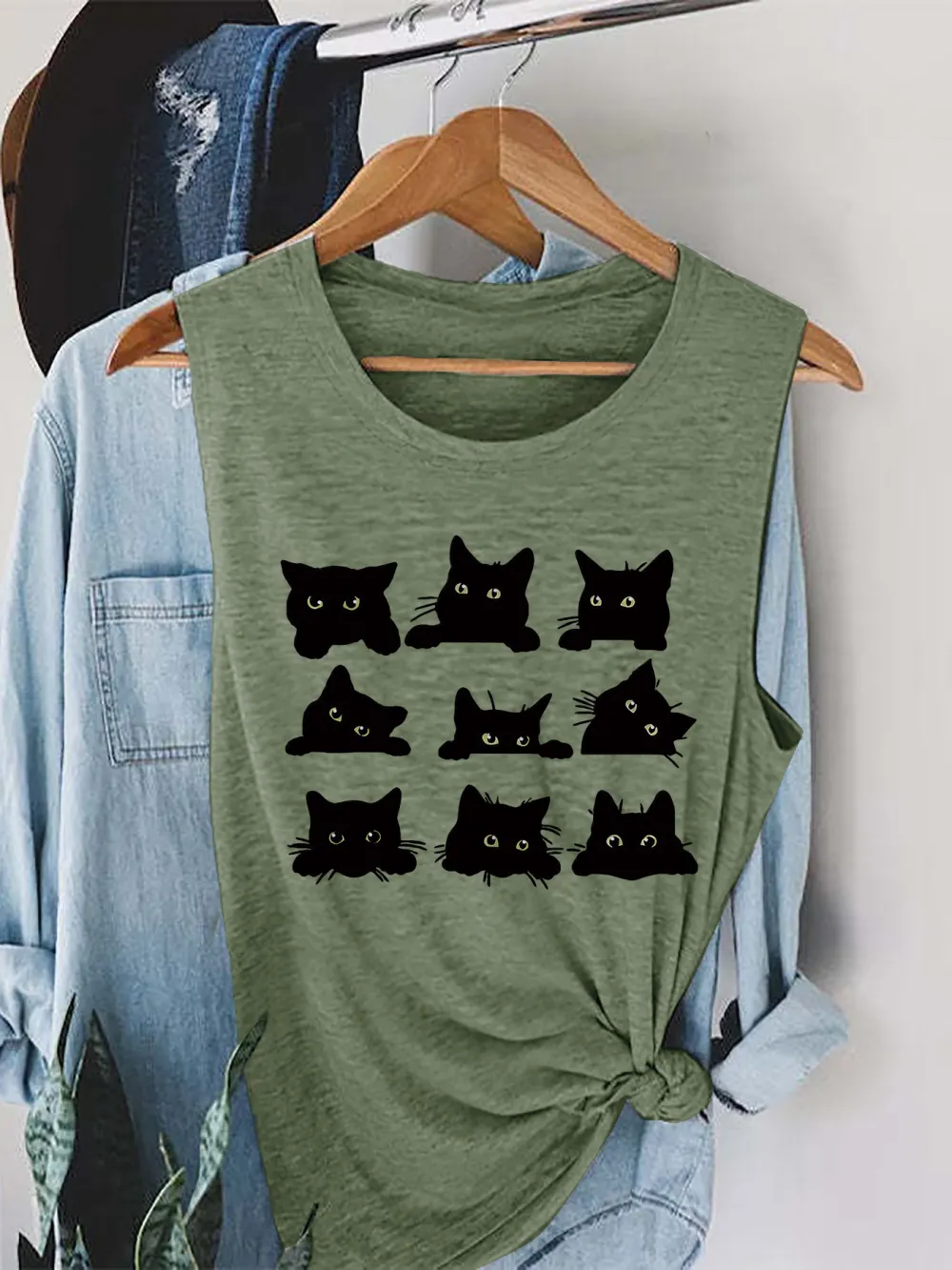 Black Cat Print Women's Tank Top