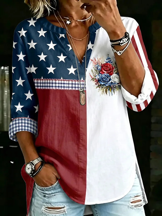 Women'S Retro Art American Flag Printed Casual Top