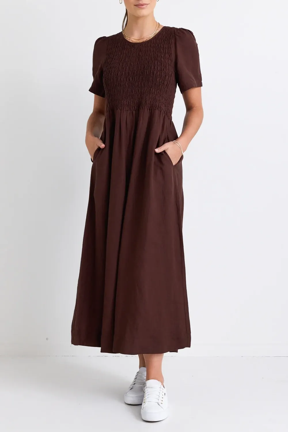 Brown Smocked Pocket Maxi Dress