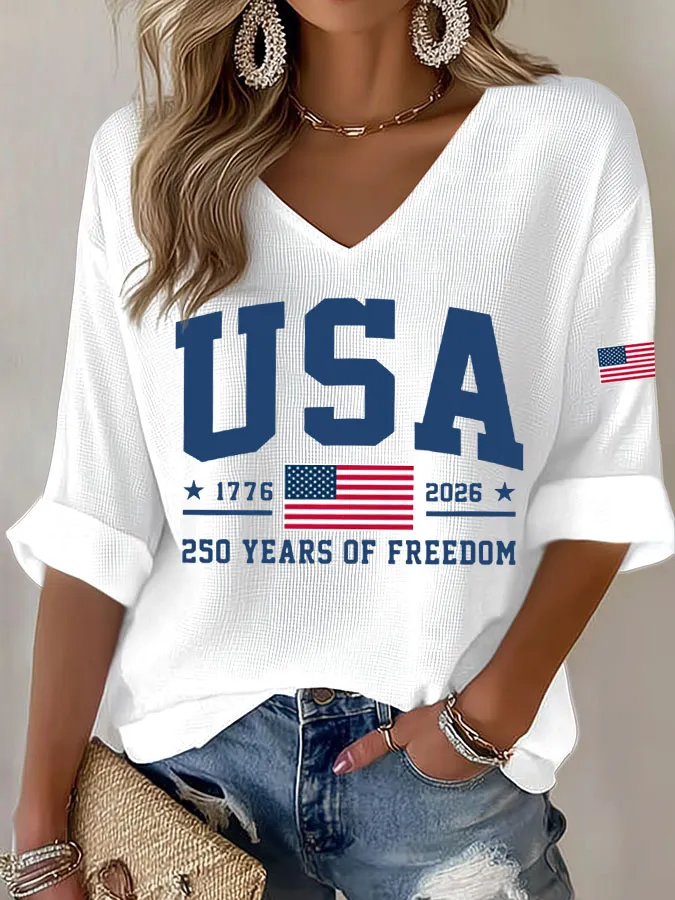 Women'S America Flag Print Waffle T-Shirt
