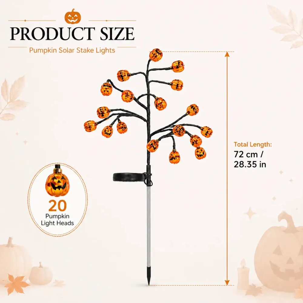 Solar Pumpkin Stake Lights - 20-Head Halloween Outdoor Garden Decor