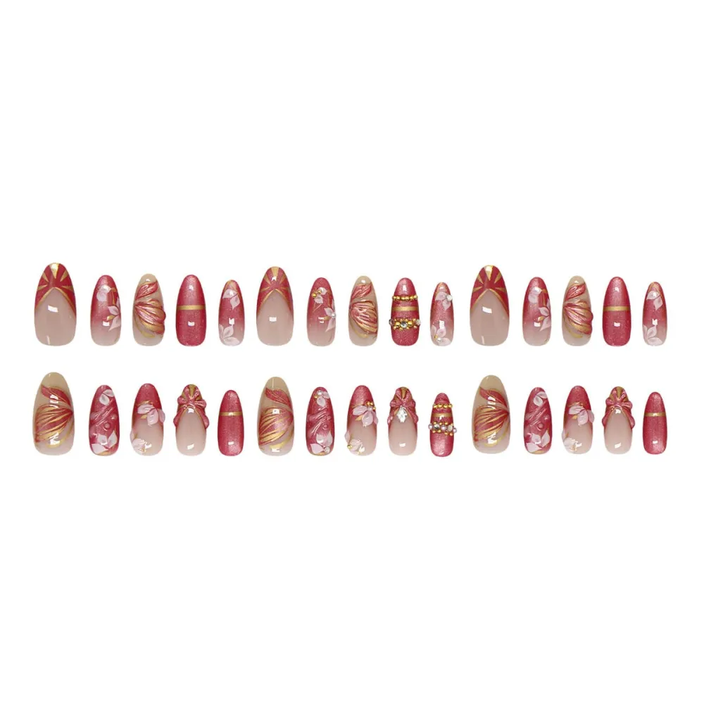 Nailhour 30Pcs Pink Gradient Gilded 3D Cat Eye Medium Almond Press On Nails