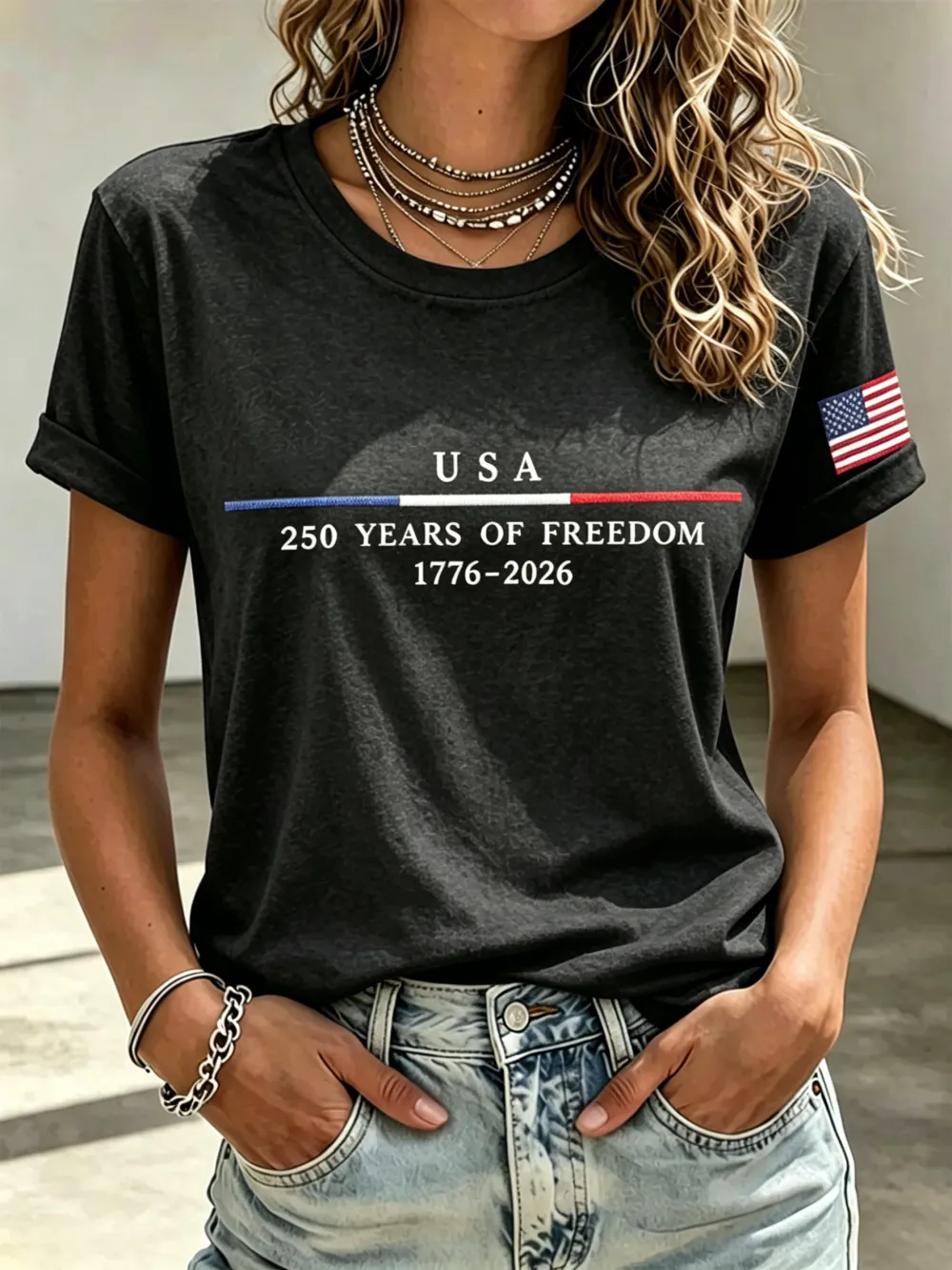 Ladies' Casual American 250Th Anniversary Embroidered Commemorative Round Neck Short Sleeved T-Shirt
