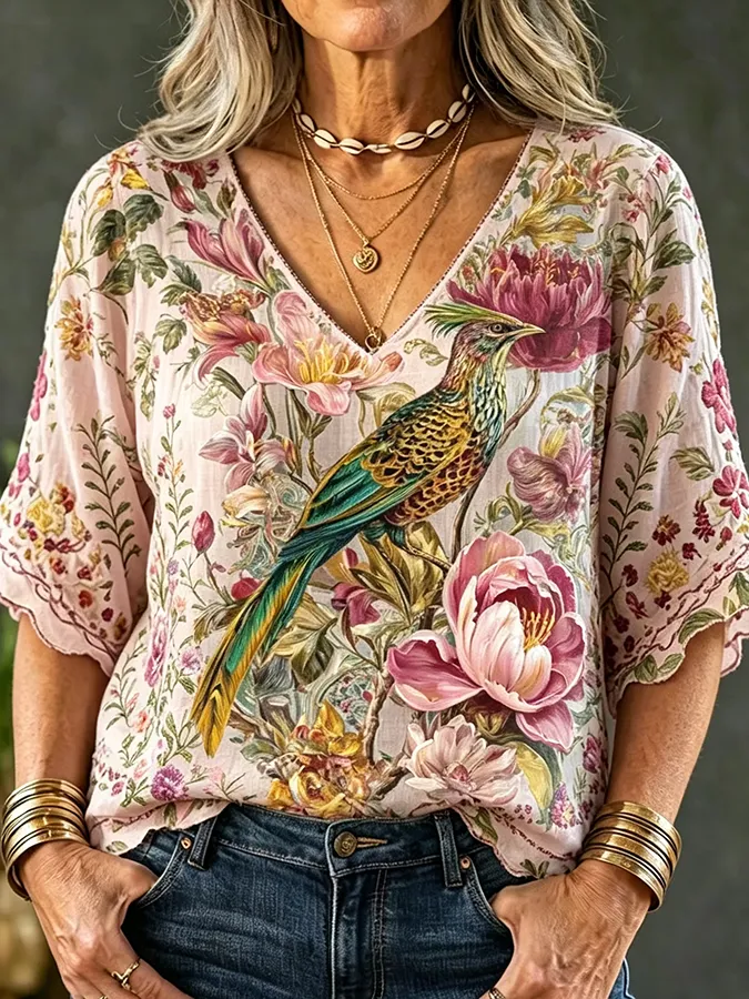 Women's V-neck floral print shirt