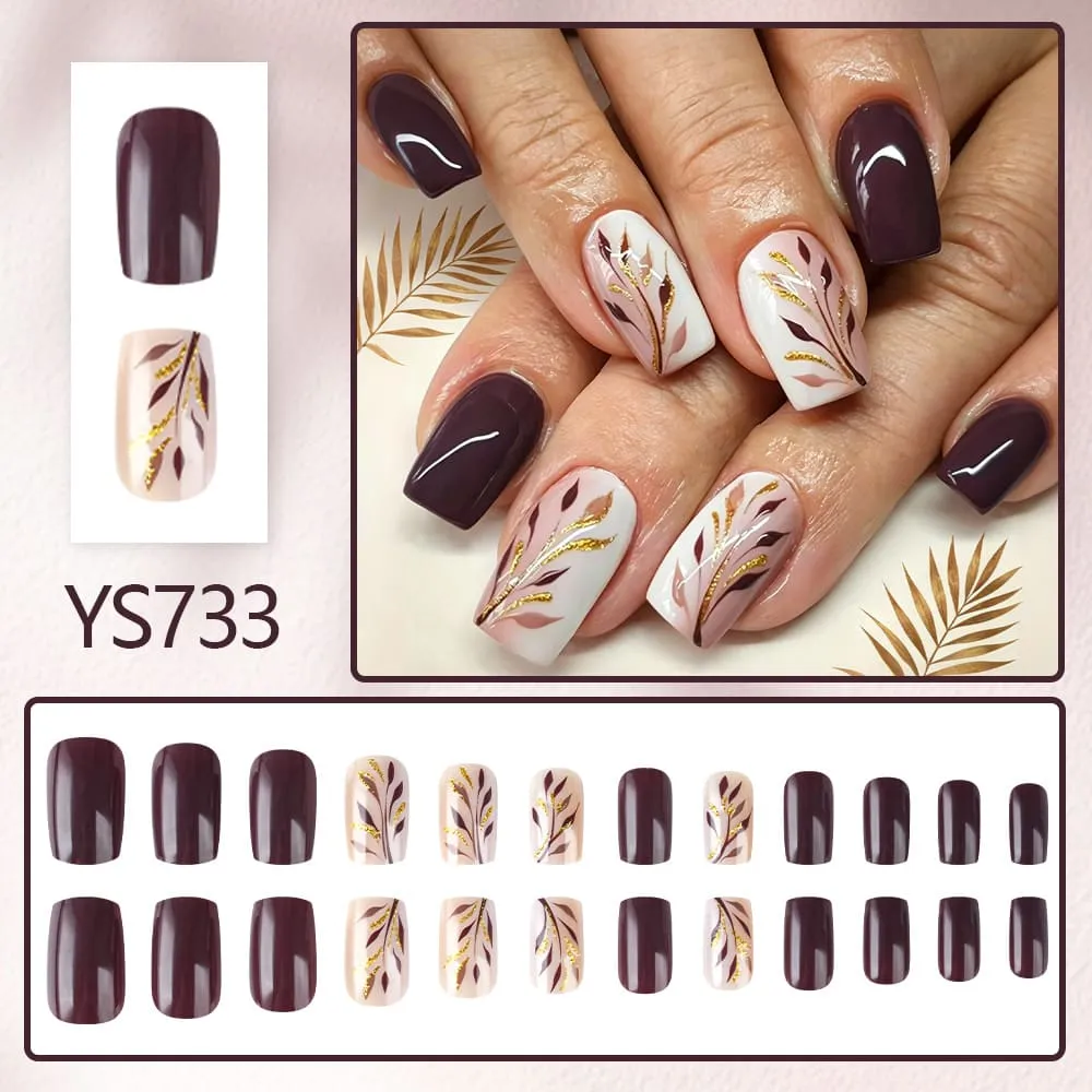 Nailhour 24Pcs Multicolor Autumn Floral Medium Square Press On Nails