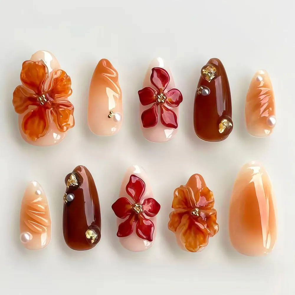 Nailhour 30Pcs Autumn Gilded 3D Medium Almond Almond On Nails