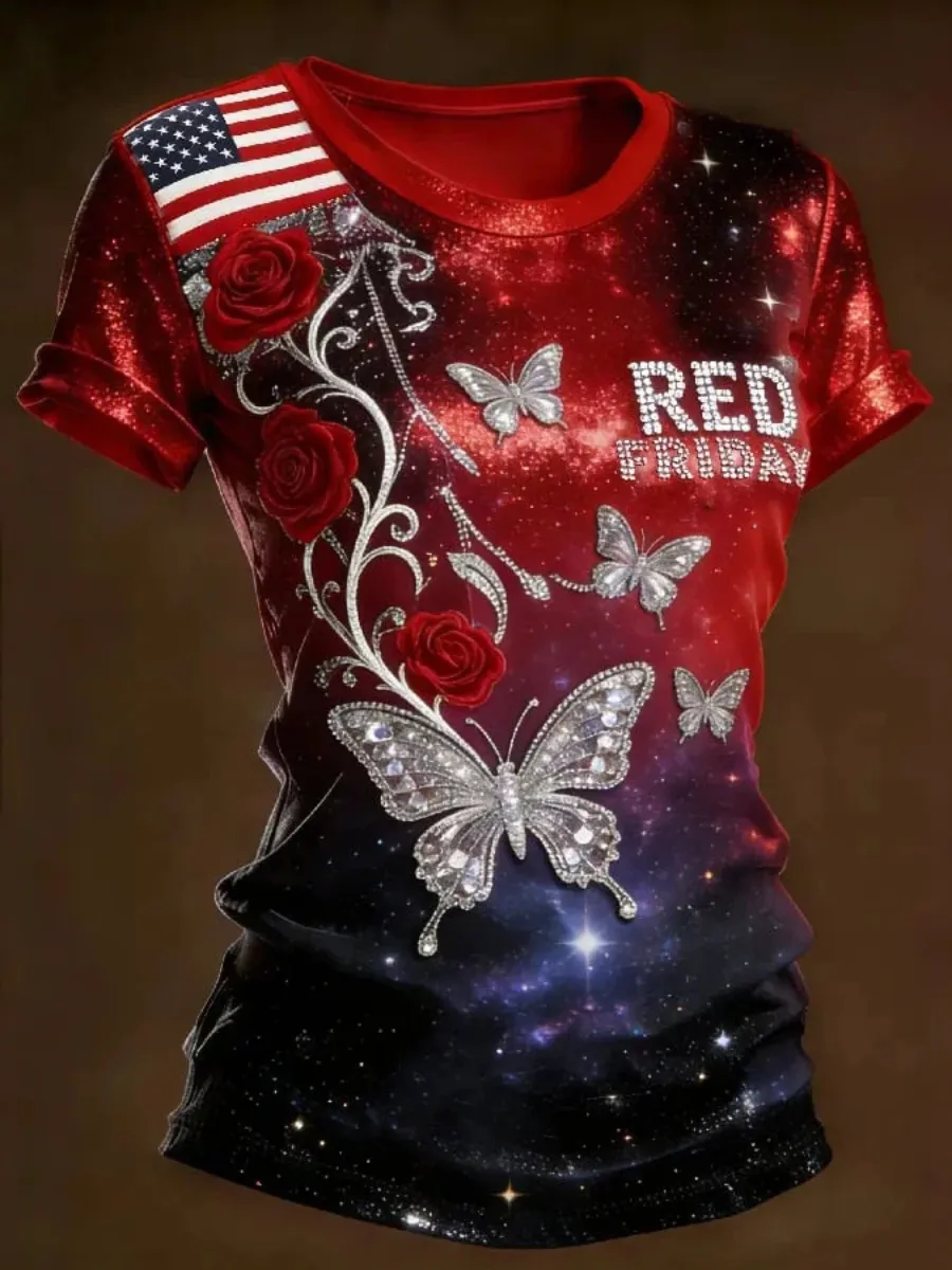 Women's Red Friday Pattern Print Casual Crew Neck T-Shirt