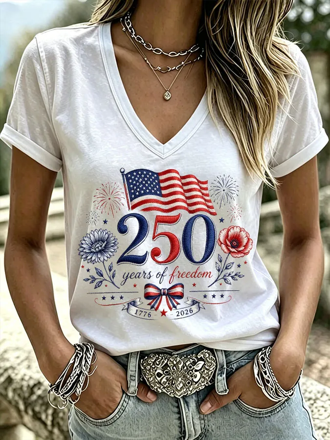 Women'S America Flag Print Casual V-Neck T-Shirt