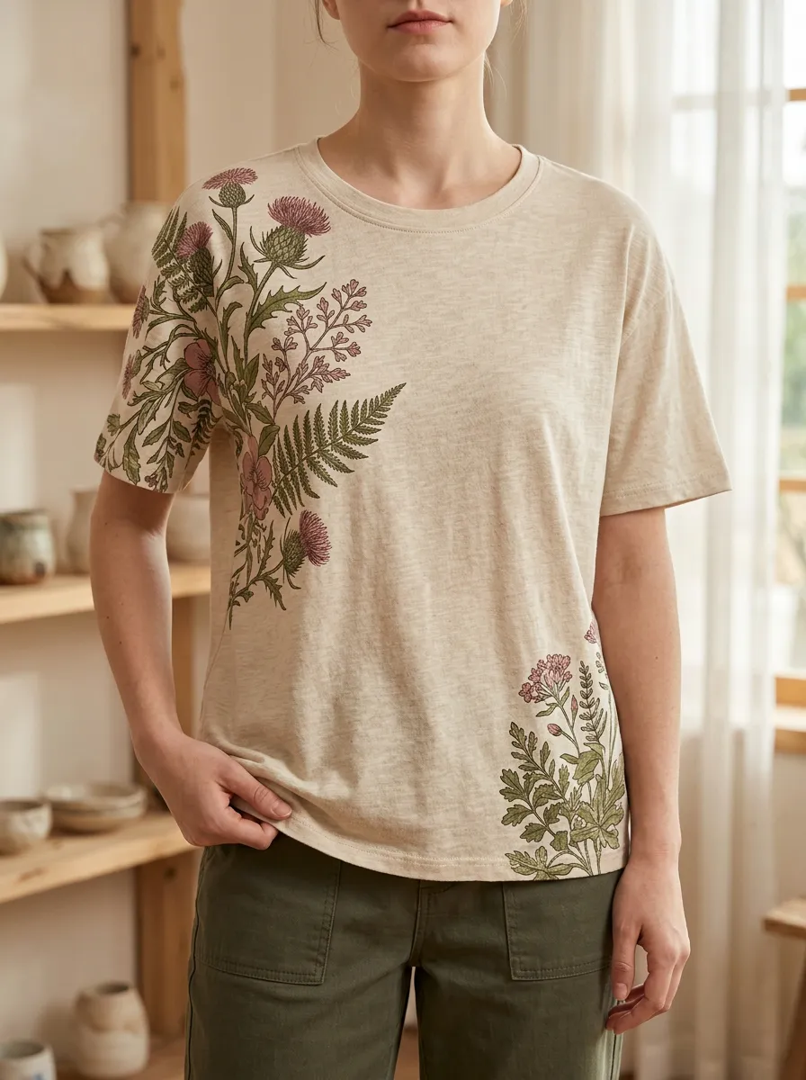 Women's Botanical Thistle Fern Printed Crewneck T-shirt