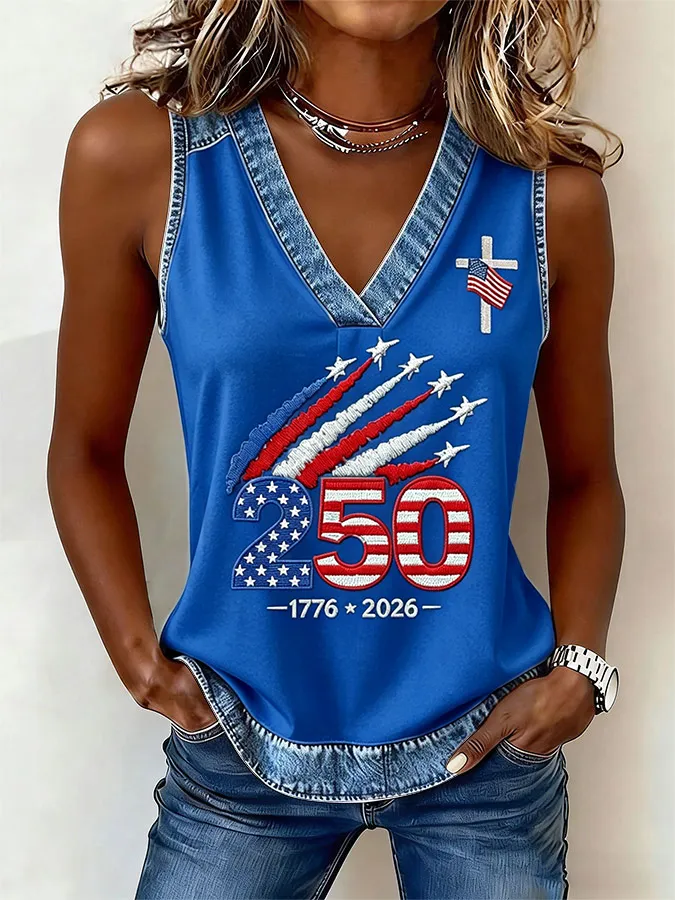Women'S American Flag Independence Day 250Th Anniversary Printed Sleeveless Top
