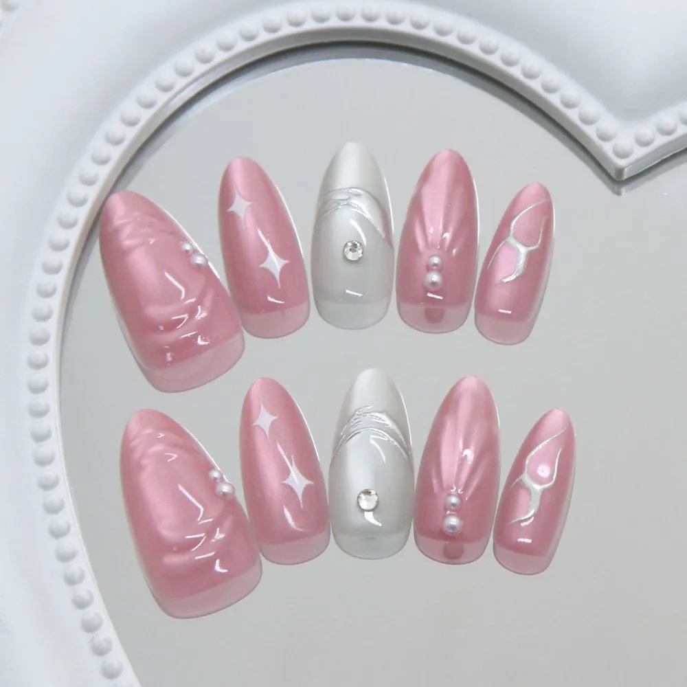 Nailhour 30Pcs 3D Pink Cat Eye Rhinestone Medium Almond Press On Nails