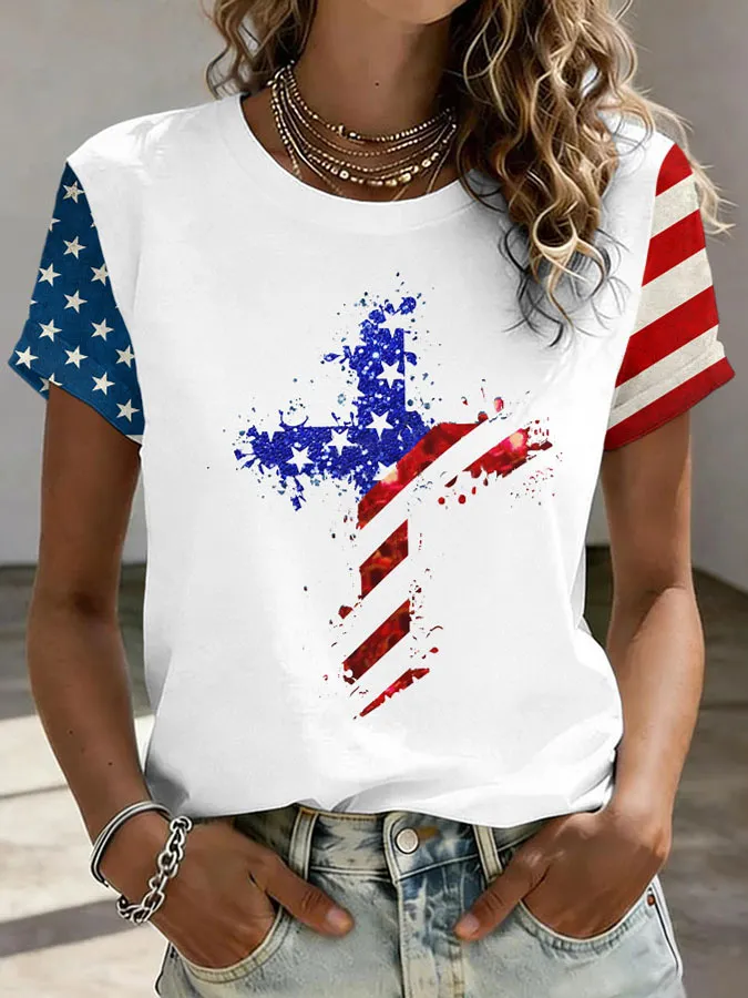 Women'S American Flag Cross Printed Casual T-Shirt