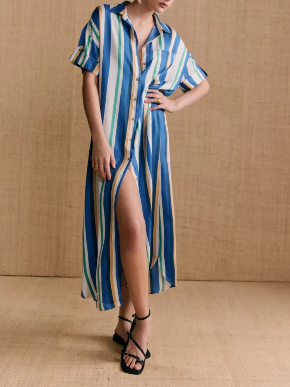 Striped Short Sleeve Maxi Dresses