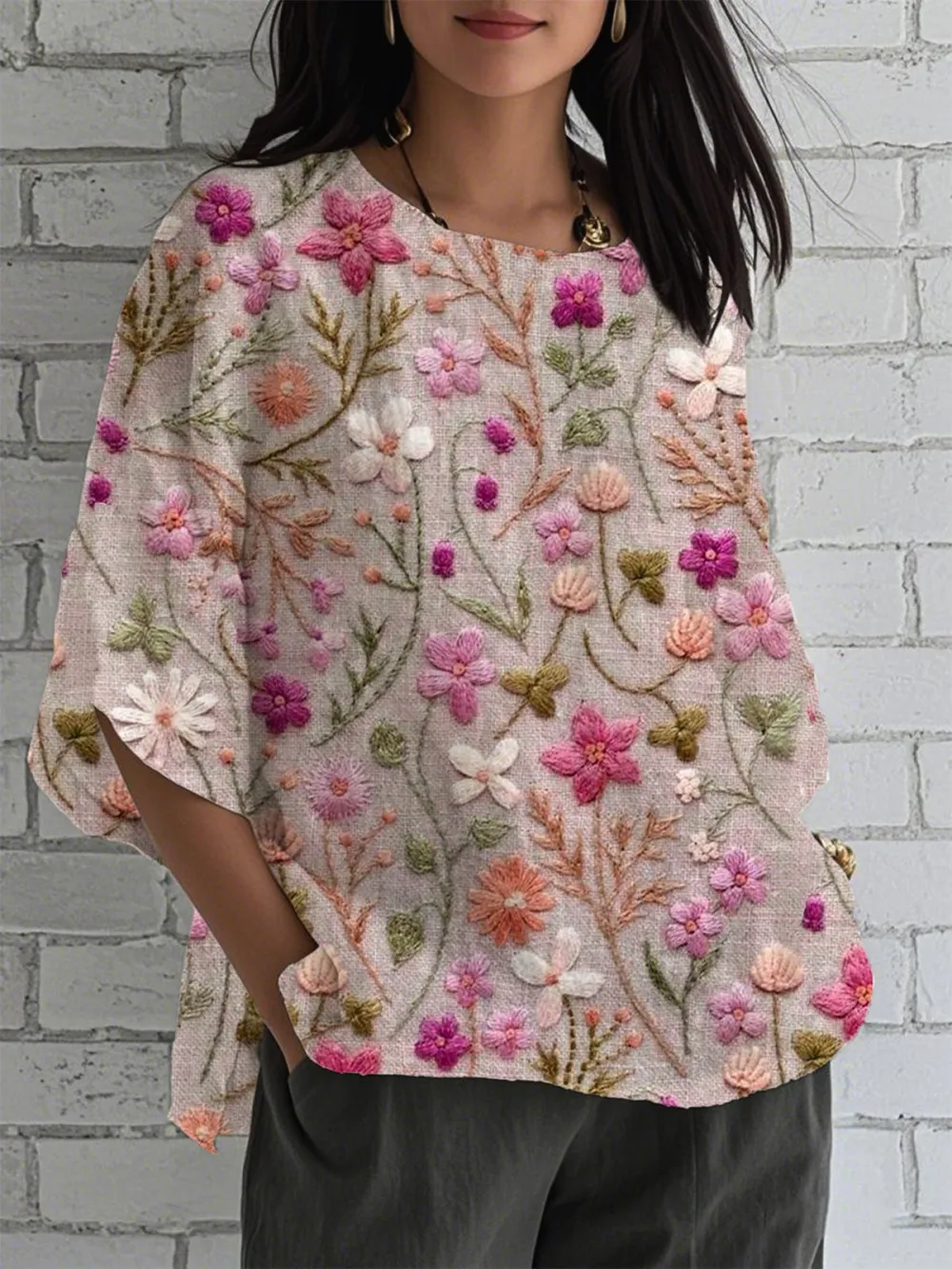 Women's Colorful Embroidered Flower Prints Short-Sleeved Shirt