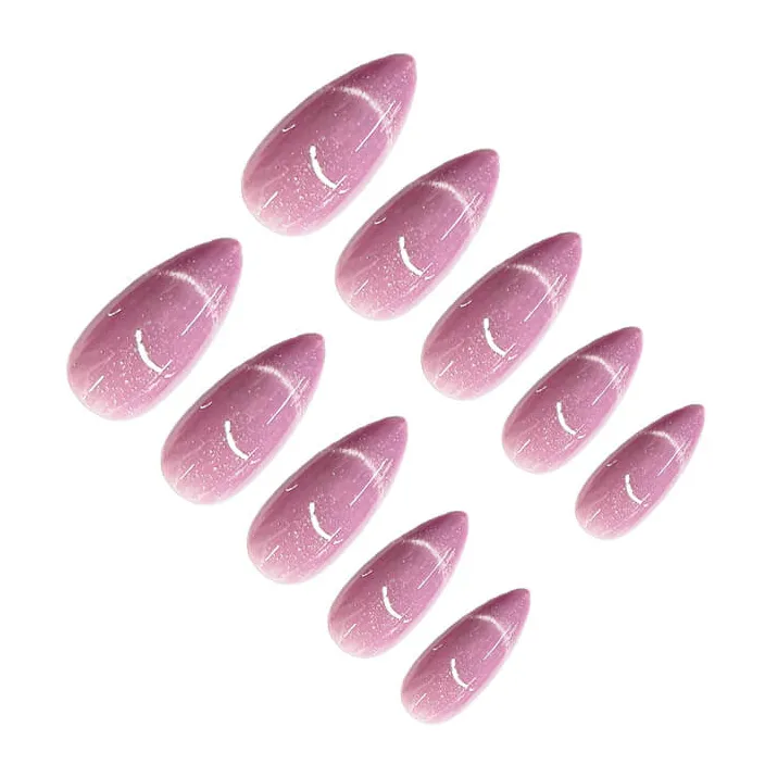 Nailhour 24Pcs Purple Glitter Cat Eye Medium Almond Press On Nails