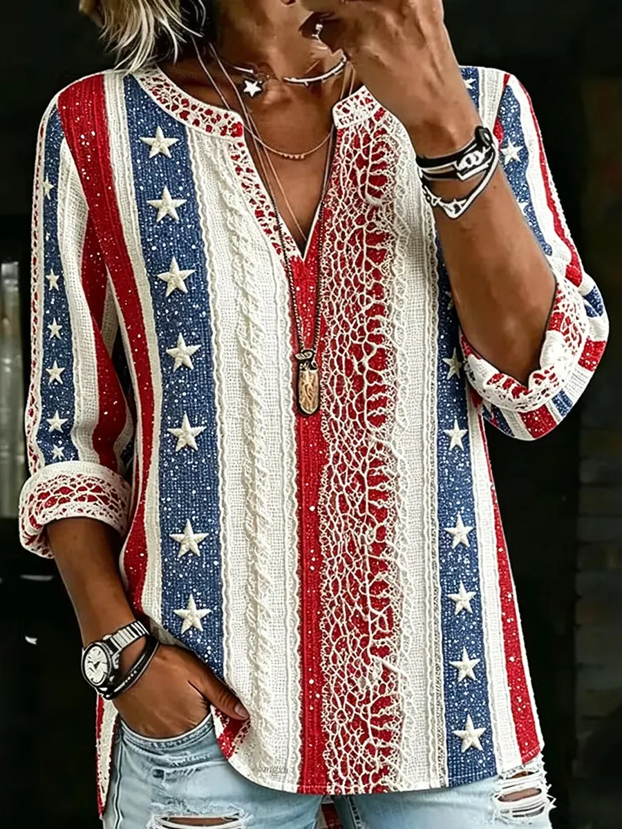 Women'S Casual American Star Striped Printed Top