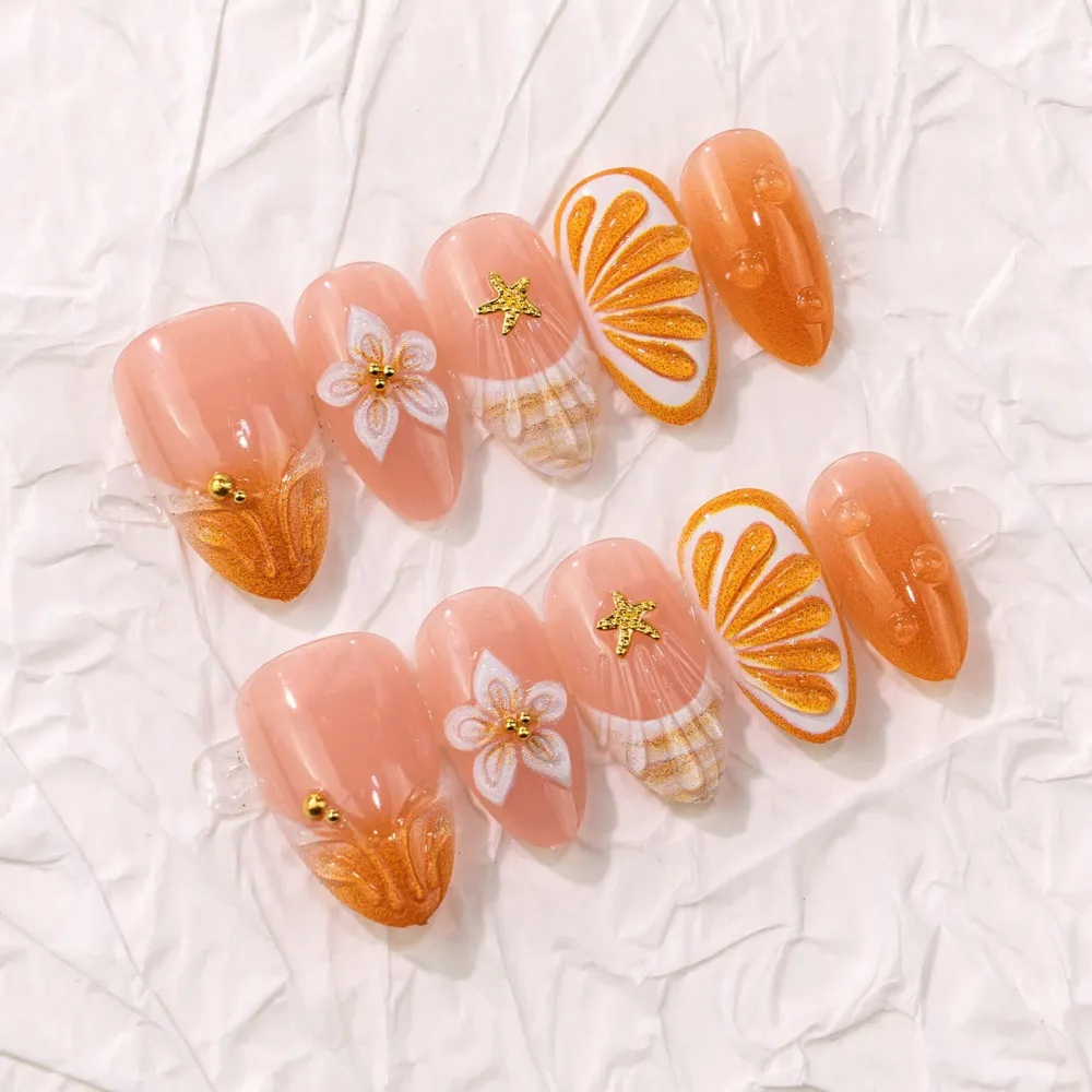 Nailhour 24Pcs French Medium Almond 3D Seashell Fantasy Press On Nails