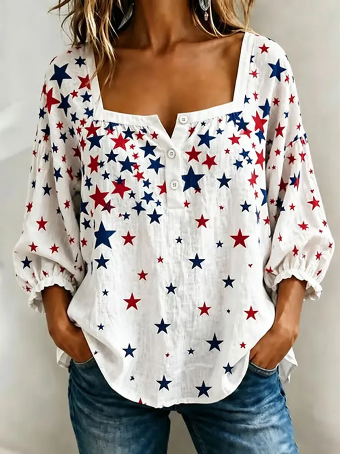 Ladies' Star Print Casual Cotton And Linen Top