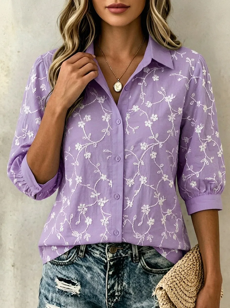 Women's Breast Cancer Awareness Floral Embroidered Printed Shirt
