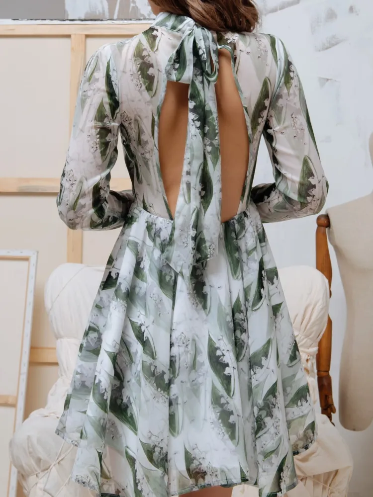 Backless Print Long Sleeve Dress