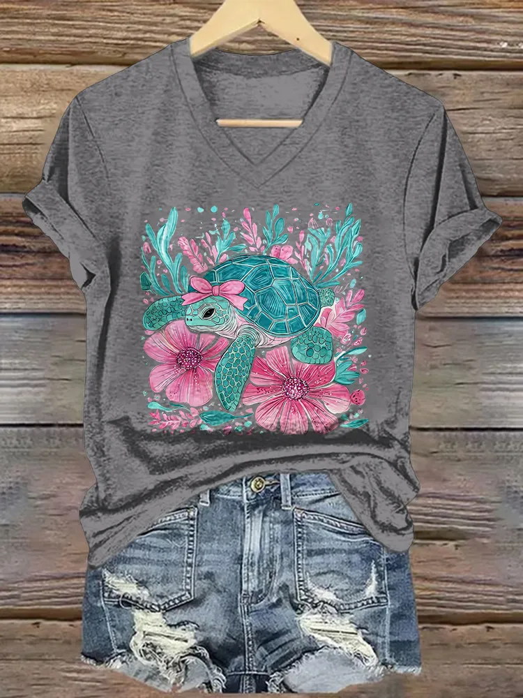 Women's Sea Turtles Short Sleeves V-Neck Pure Cotton T-Shirt