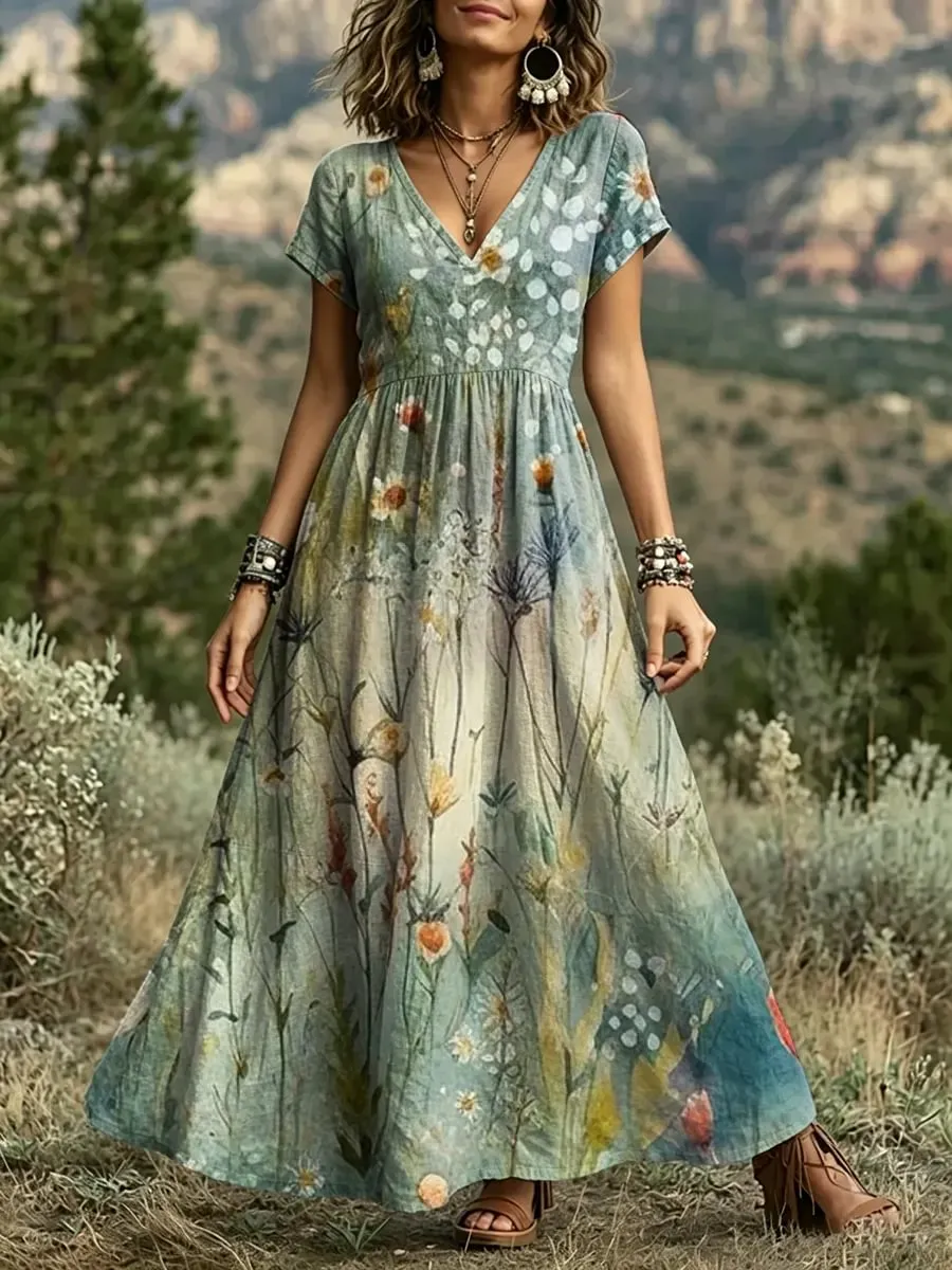 Women'S Watercolor Wildflower Grass Printed Cotton V-Neck Dress