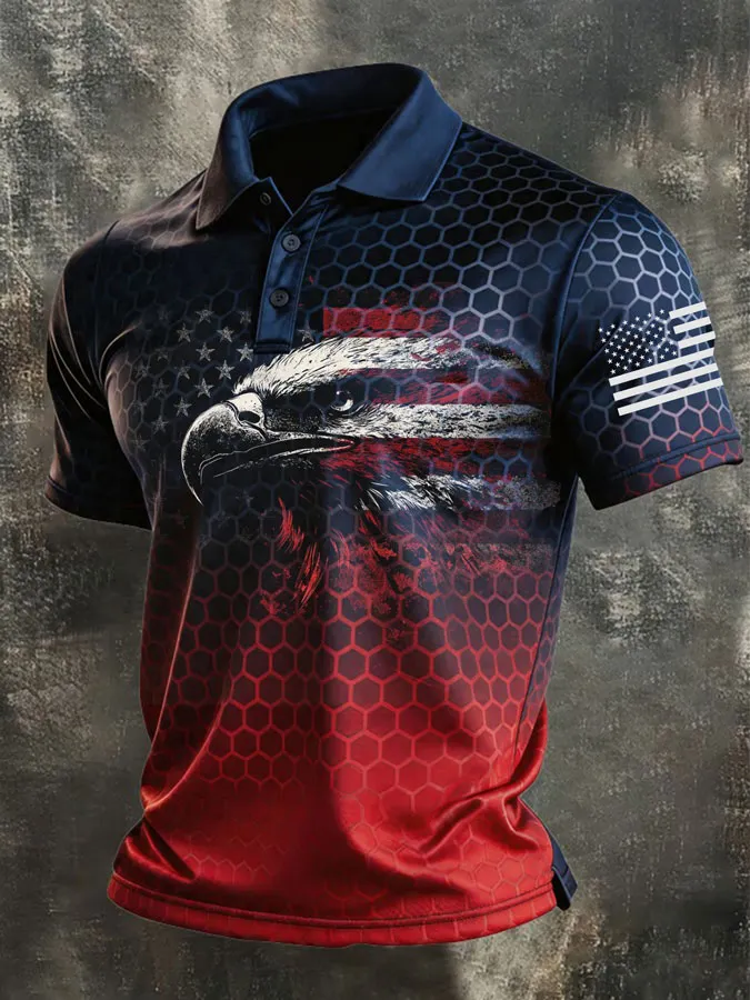 Men's America Flag Eagle Print Raglan Polo