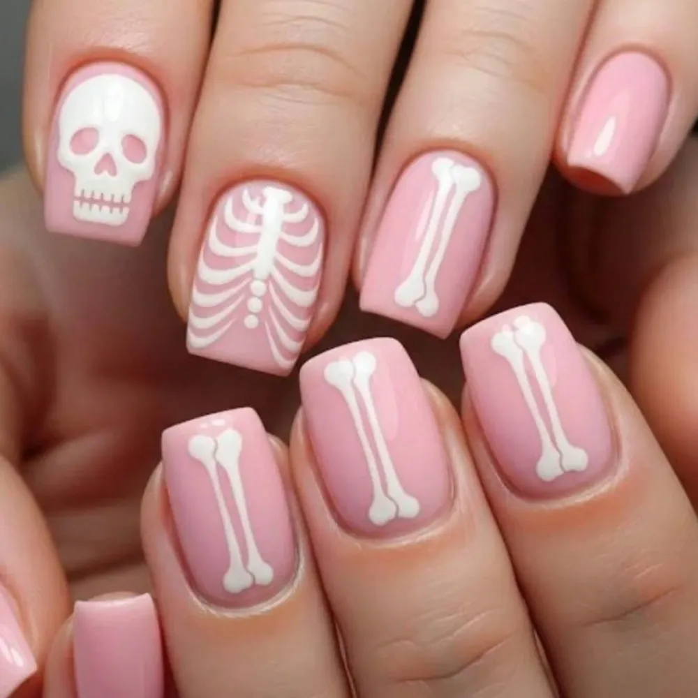 Nailhour 24Pcs Halloween Short Square Y2K Skull & Rib Press On Nails